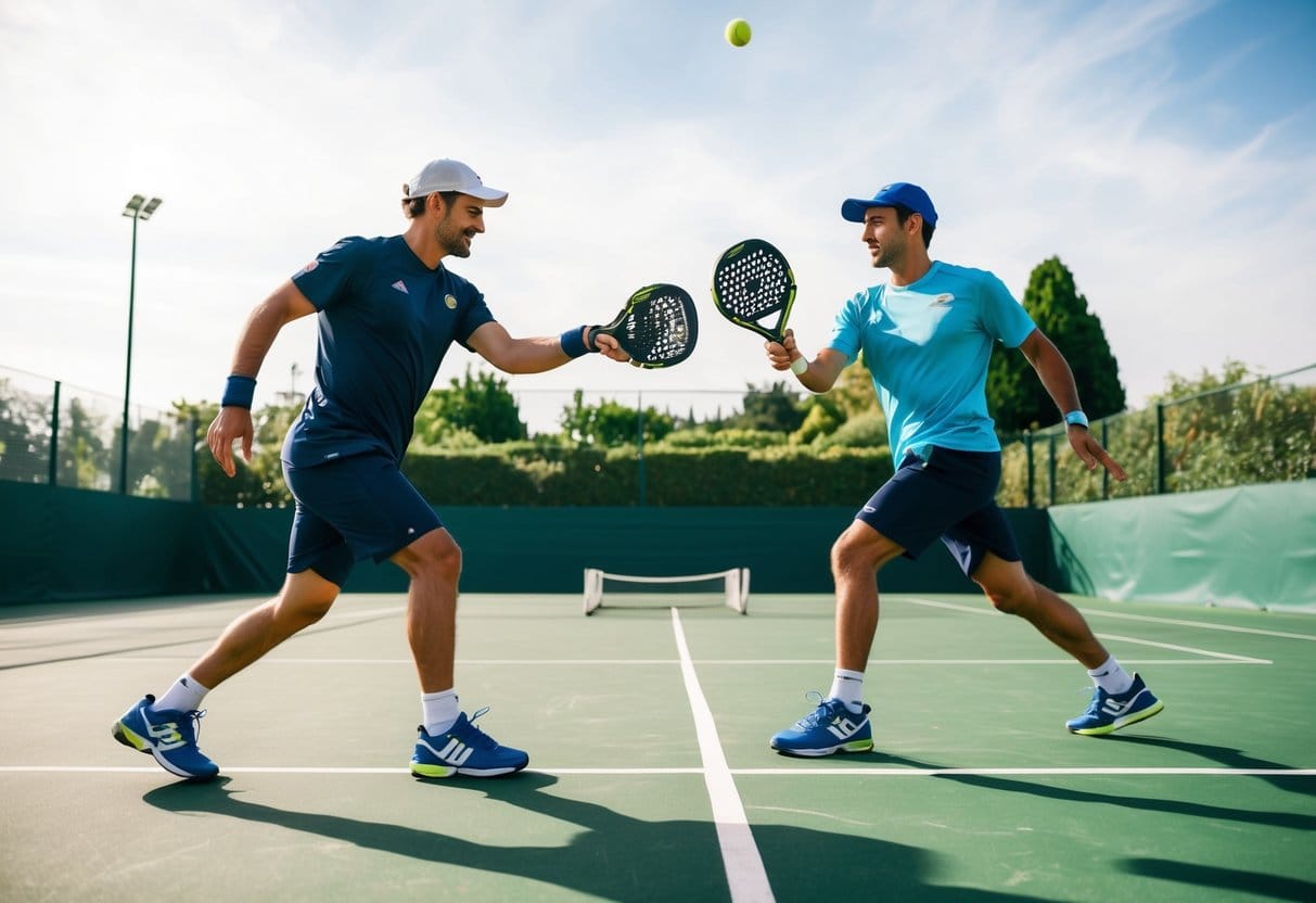 To personer spiller padeltennis på en solrig bane omgivet af grønt De er klædt i sportstøj og slår energisk bolden frem og tilbage